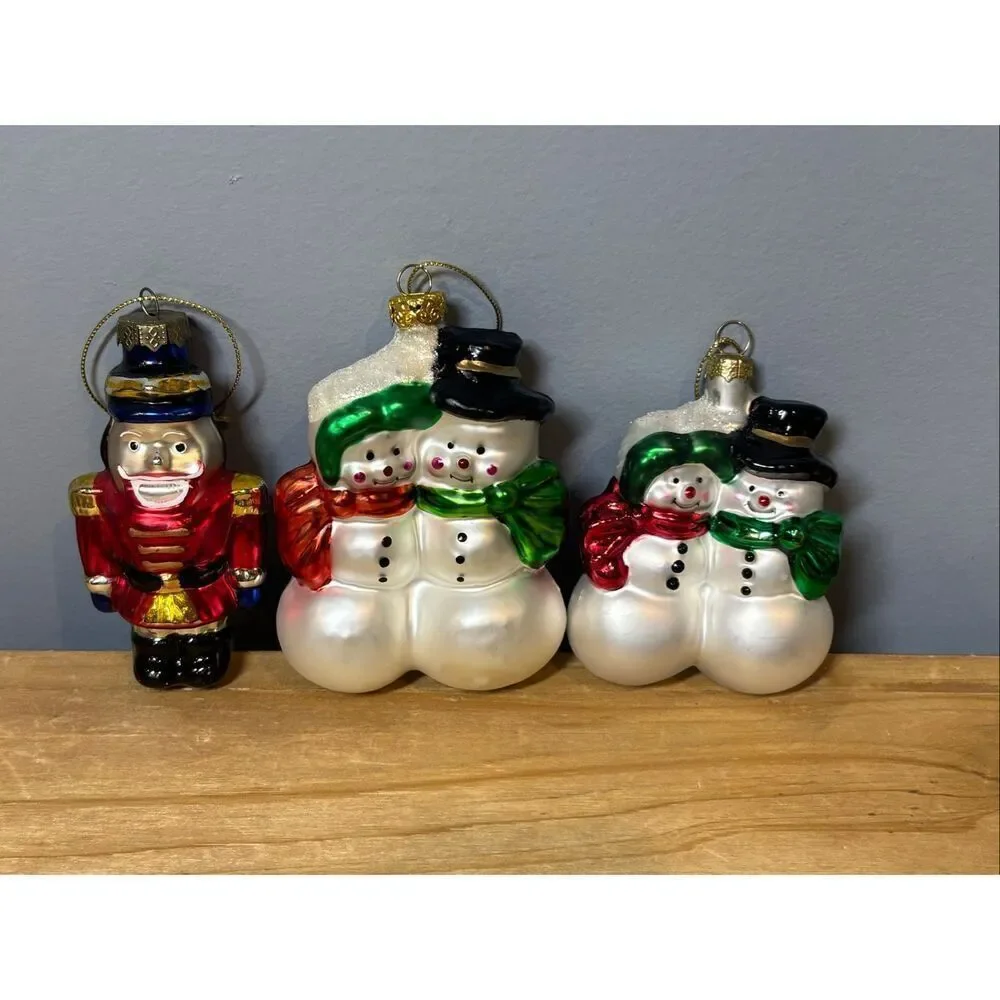 Vintage blown glass Christmas tree ornaments snowman and Nutcracker soldier bund